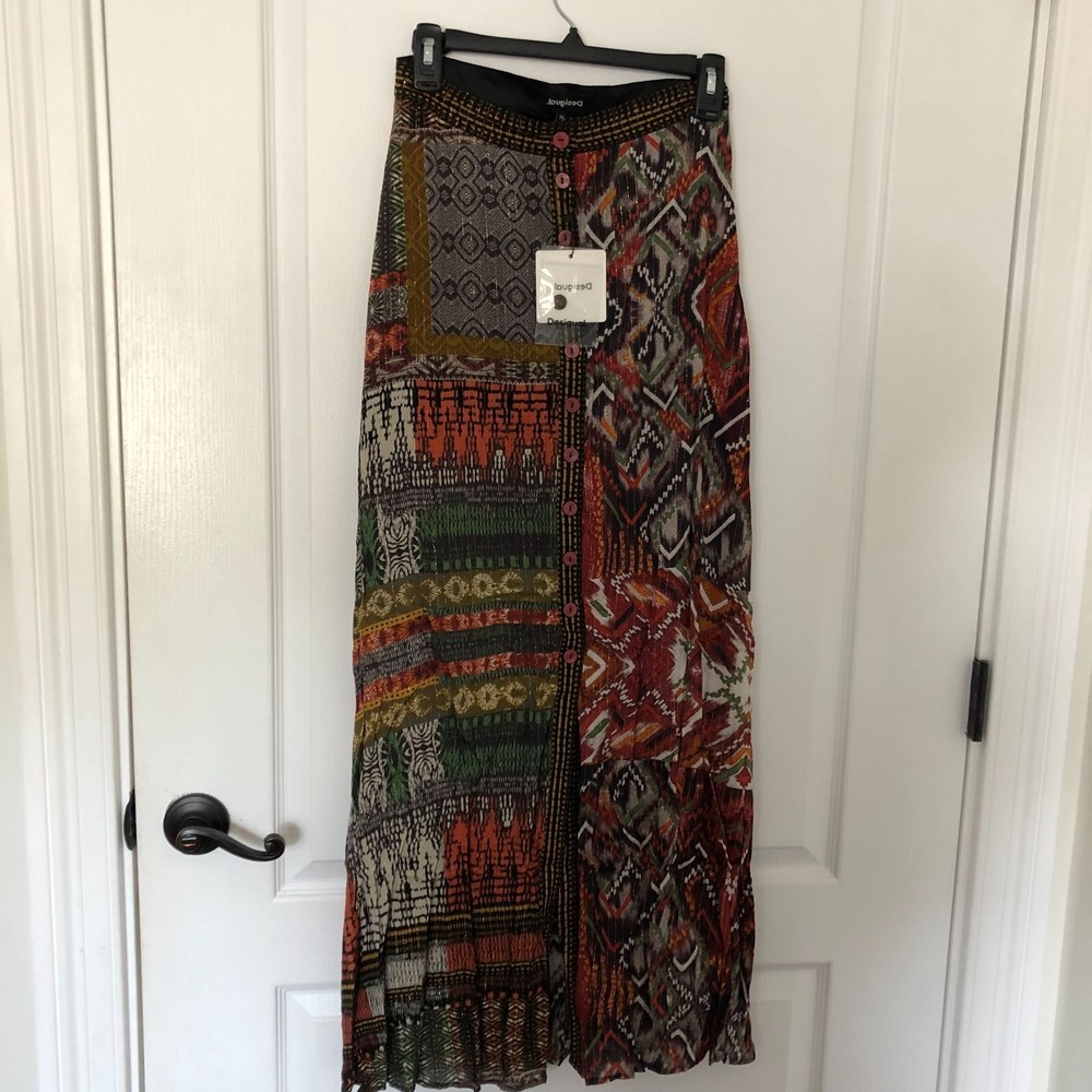 Desigual Fal Egina Patchwork Maxi Skirt Multicolor Metallic Gold Tribal US 2 NEW